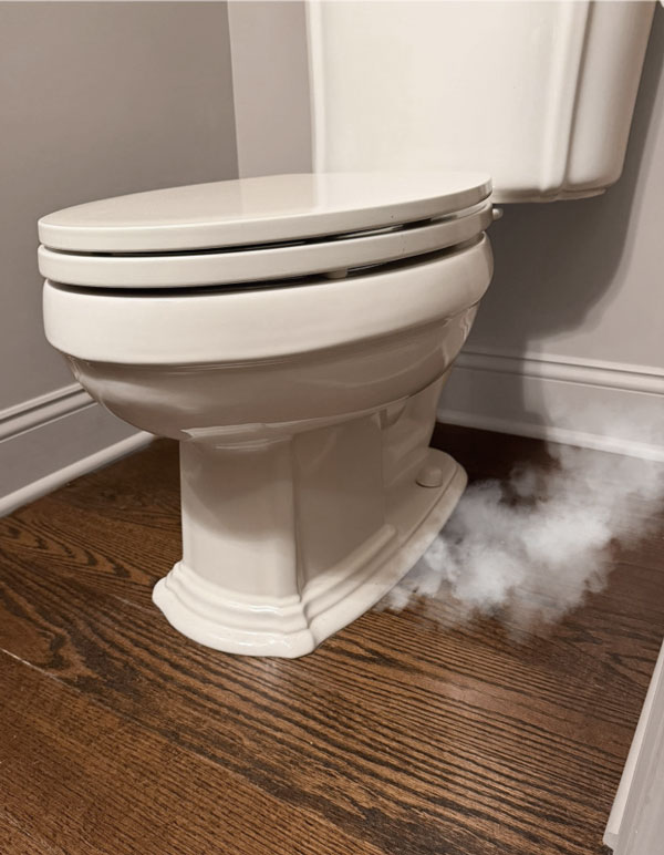 Plumbing smoke test revealing a leak at the base of a toilet