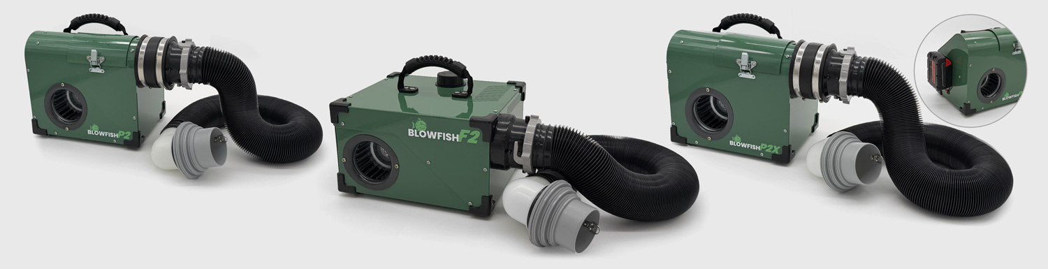 Blowfish plumbing smoke blowers used for rodent entry detection and plumbing smoke testing