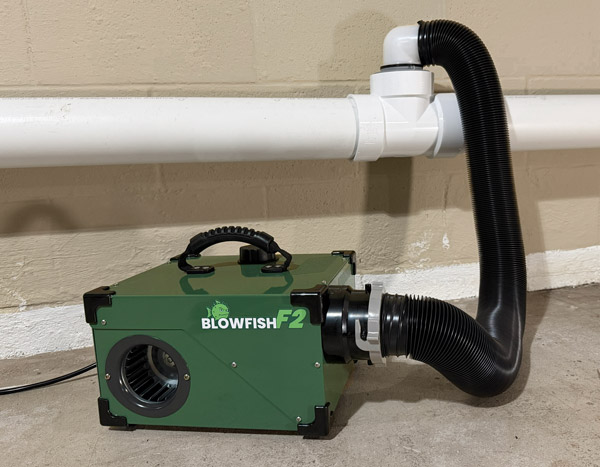 A Properly Setup Smoke Blower Blowfish F2 plumbing smoke blower properly connected for DWV smoke testing