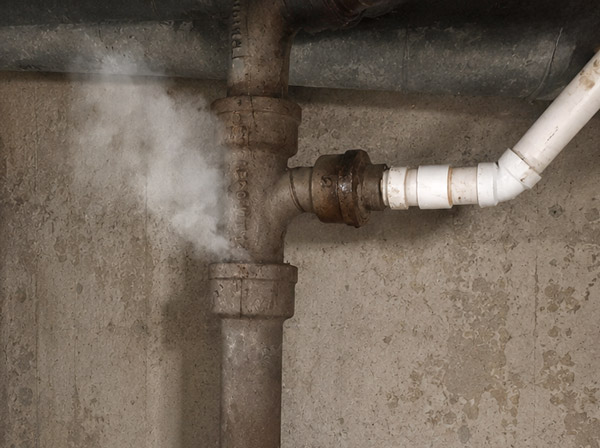 Smoke escaping from a leaking cast iron DWV fitting during a plumbing smoke test
