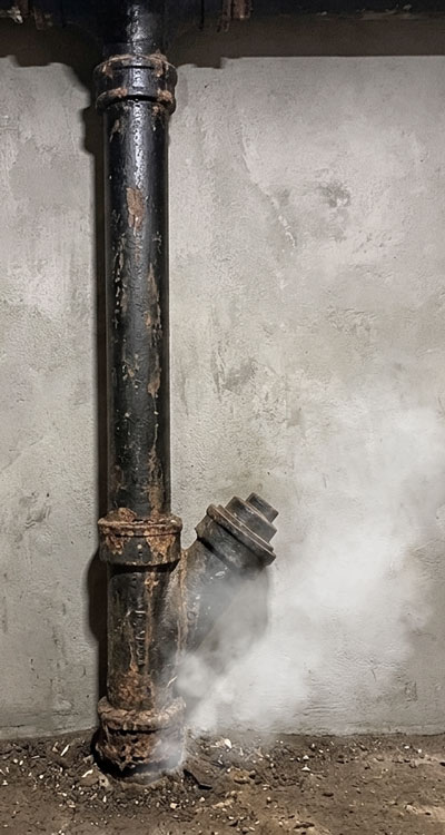 Smoke escaping from a damaged cast iron drain pipe indicating a possible rodent entry point